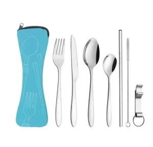 8 Piece Stainless Steel Travel Utensil Set Blue