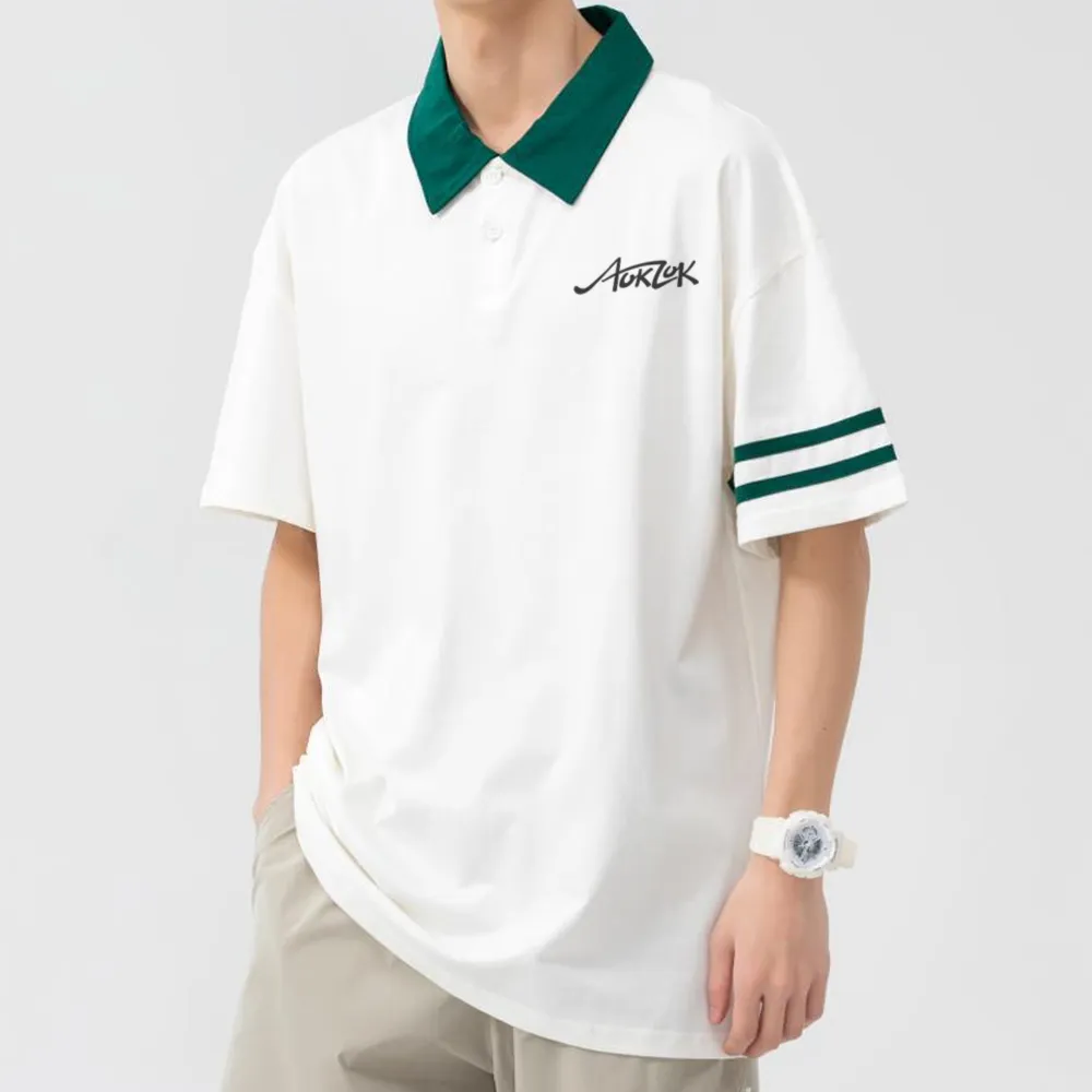 AOKLOK Drop Shoulder Parallel Bars Lapel Polo Shirt