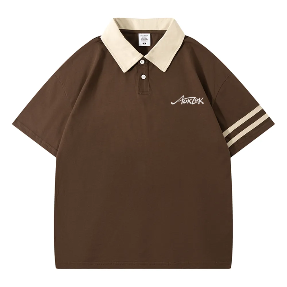 AOKLOK Drop Shoulder Parallel Bars Lapel Polo Shirt