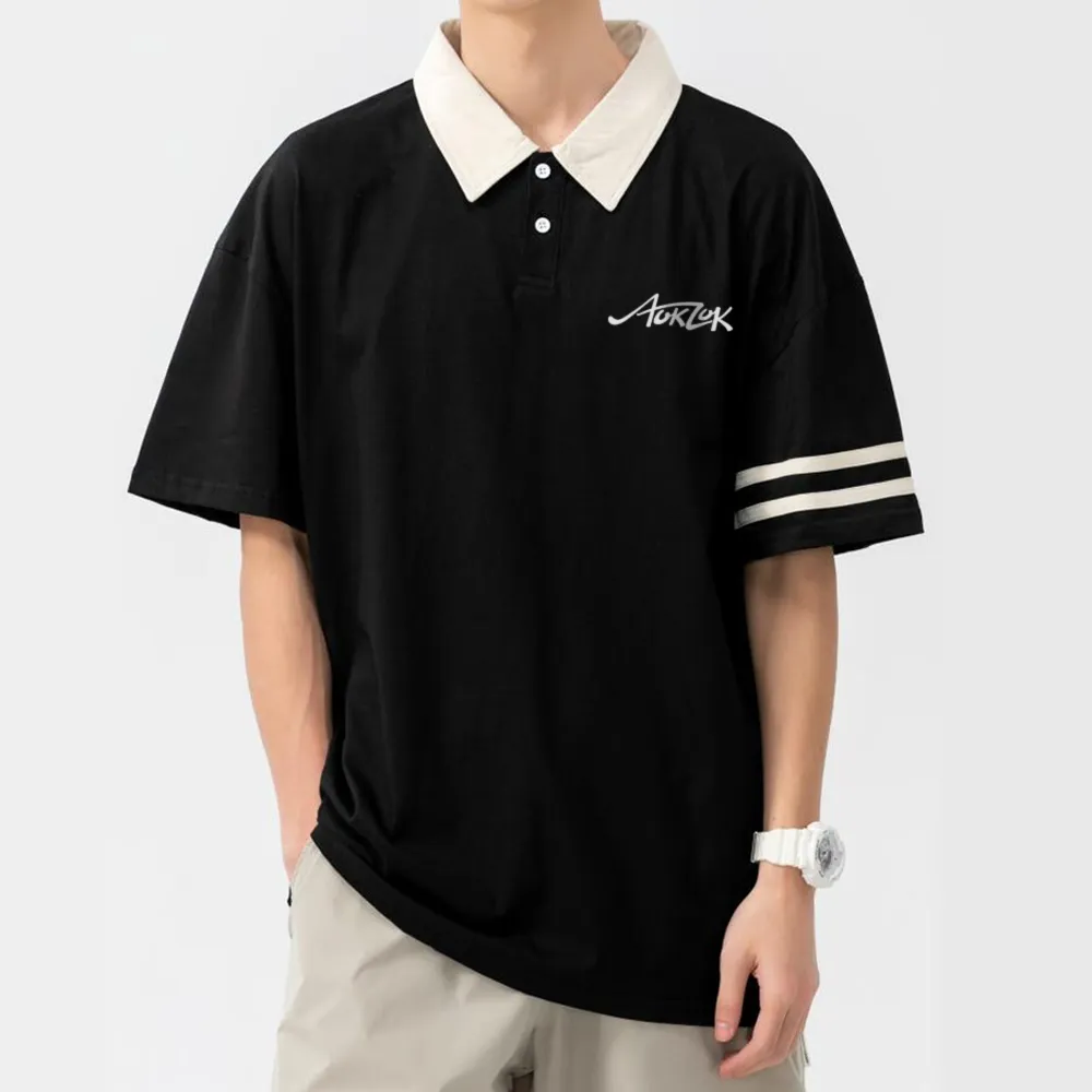 AOKLOK Drop Shoulder Parallel Bars Lapel Polo Shirt