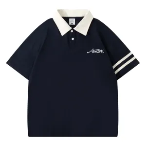 AOKLOK Drop Shoulder Parallel Bars Lapel Polo Shirt