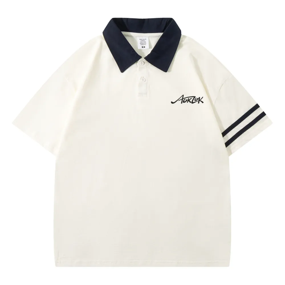AOKLOK Drop Shoulder Parallel Bars Lapel Polo Shirt