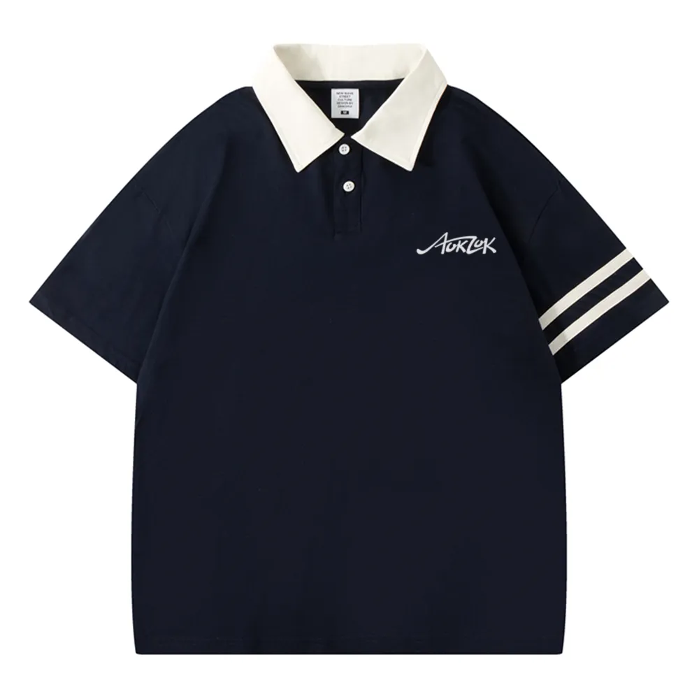 AOKLOK Drop Shoulder Parallel Bars Lapel Polo Shirt