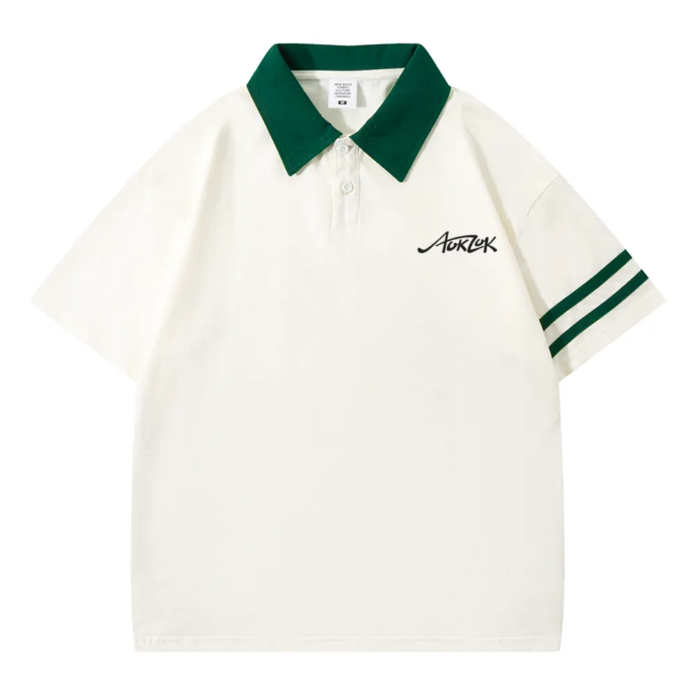 AOKLOK Drop Shoulder Parallel Bars Lapel Polo Shirt