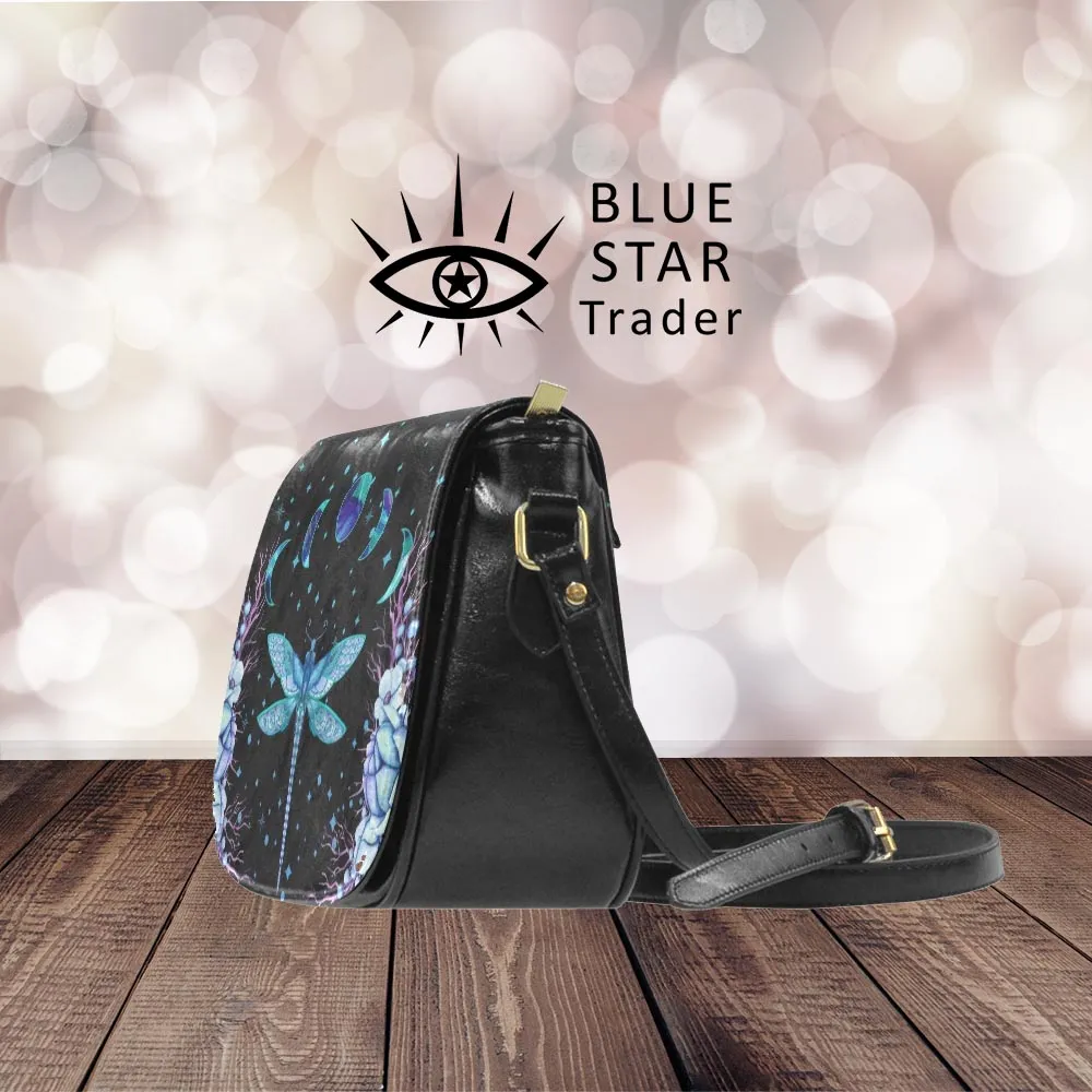 Blue Dragonfly Saddlebag Moon Phases Crossbody Bag