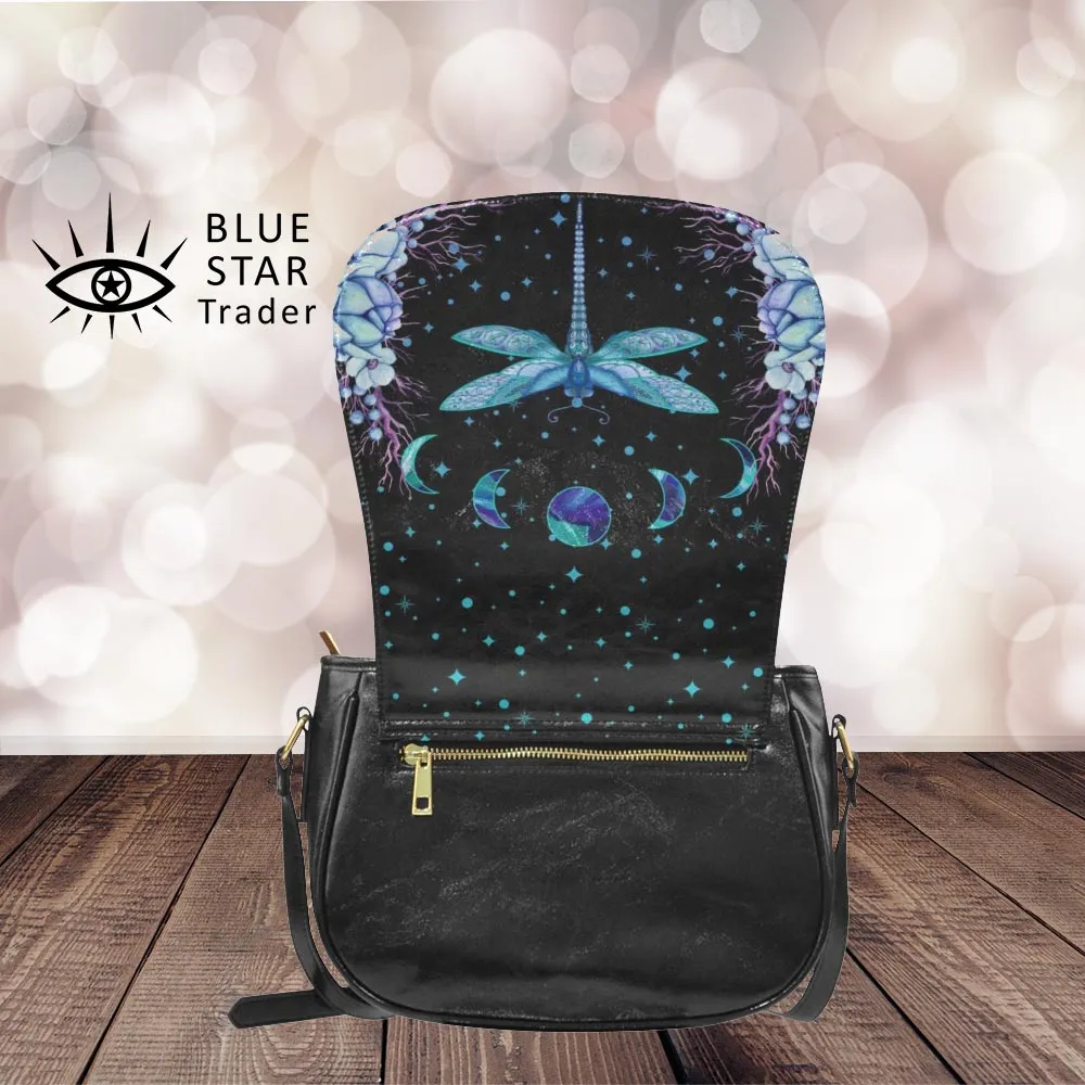 Blue Dragonfly Saddlebag Moon Phases Crossbody Bag
