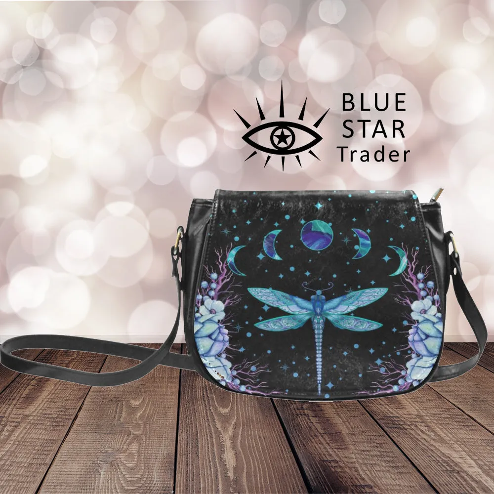 Blue Dragonfly Saddlebag Moon Phases Crossbody Bag