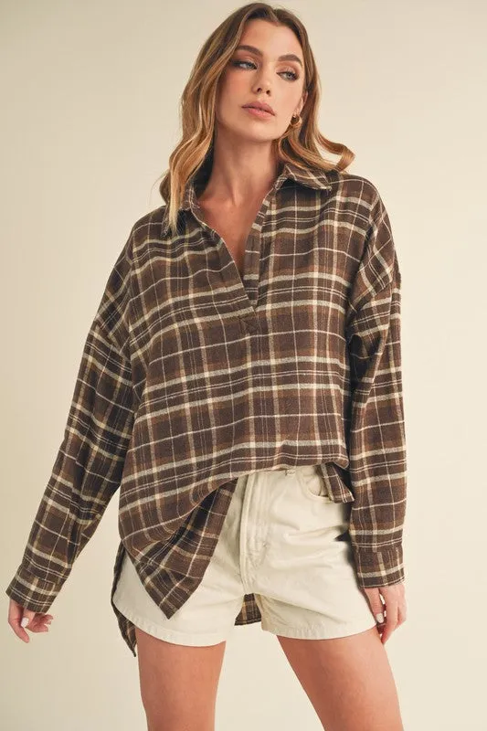 Brown High-Low Plaid Long Sleeve Polo Shirt