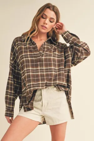 Brown High-Low Plaid Long Sleeve Polo Shirt