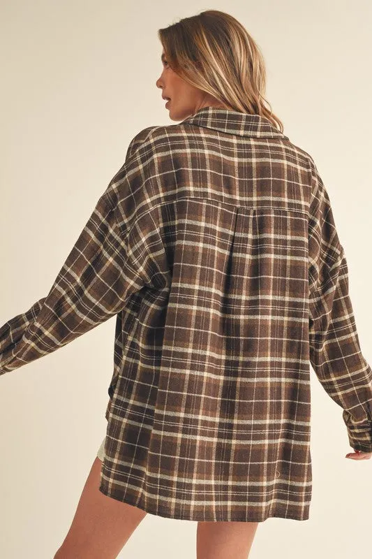 Brown High-Low Plaid Long Sleeve Polo Shirt