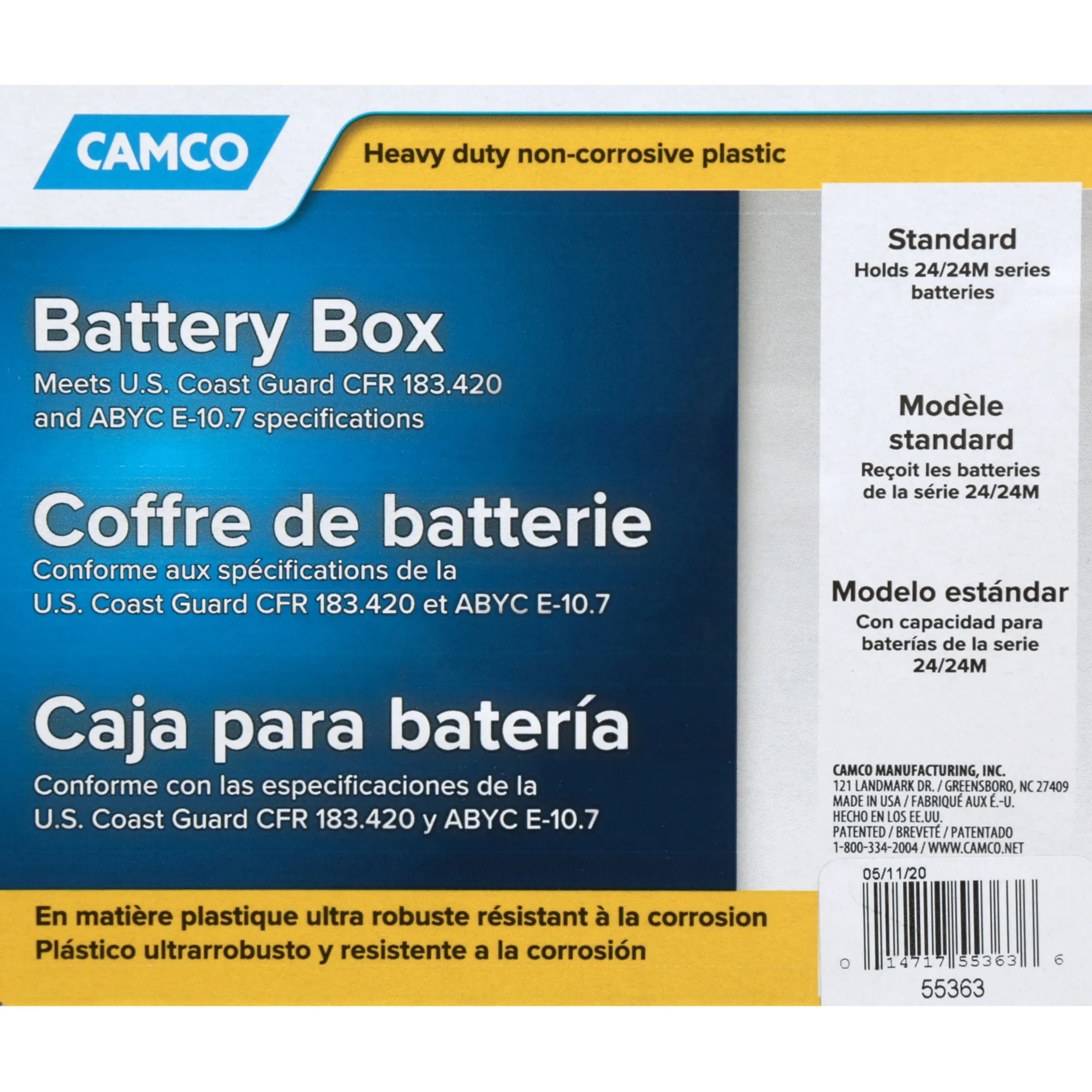 Camco Battery Box Standard Group 24 Trailer Camper RV Boat Durable Lightweight