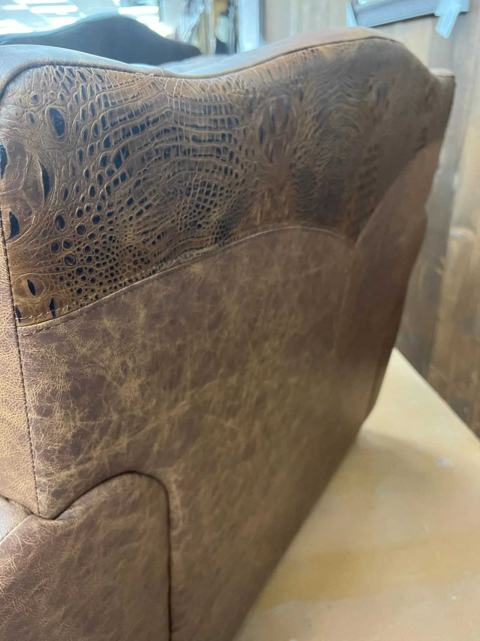 Custom El Dorado Chair-and-a-half in Fargo Whiskey Leather with Croc and Cowhide Accents