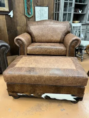 Custom El Dorado Chair-and-a-half in Fargo Whiskey Leather with Croc and Cowhide Accents
