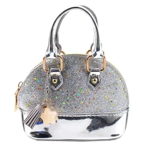 Cute Leather Shoulder Bag Messenger Bag Girls Solid Color Mini Zip Small Square Bag Tote Bag(Silver)