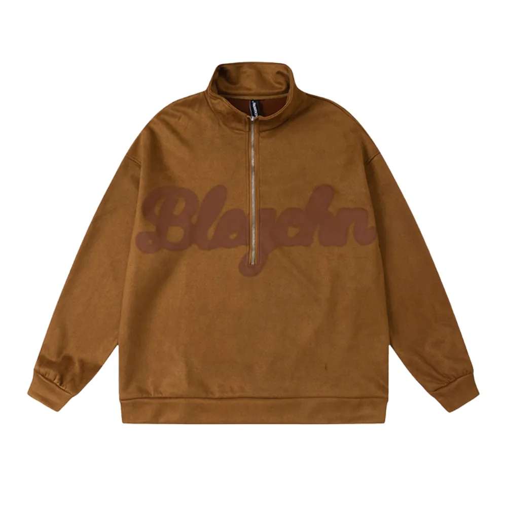 Distressed Suede Half-Zip Polo Sweatshirt