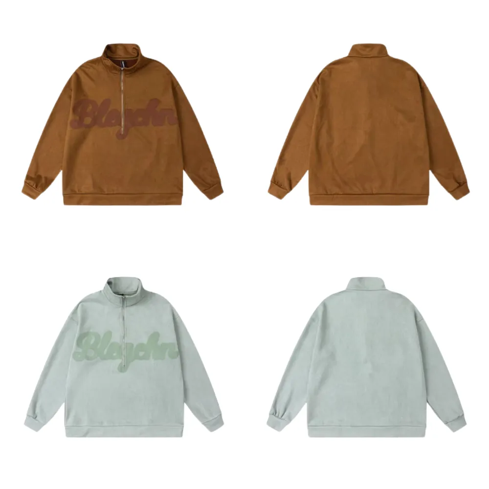 Distressed Suede Half-Zip Polo Sweatshirt