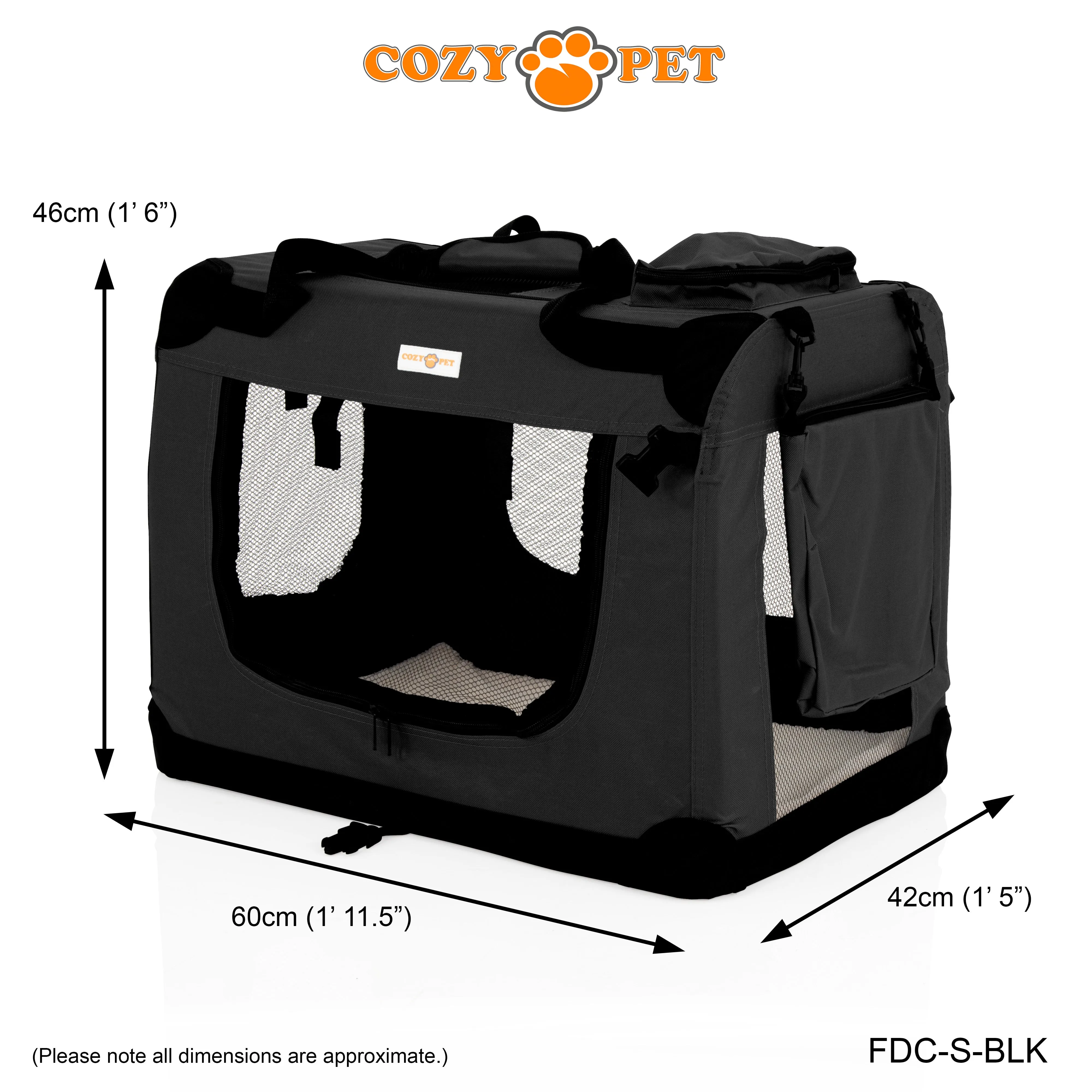Fabric Dog Crate 60cm Black by Cozy Pet Puppy Carrier Cat Travel Cage Rabbit Model: FDC-S-BLK