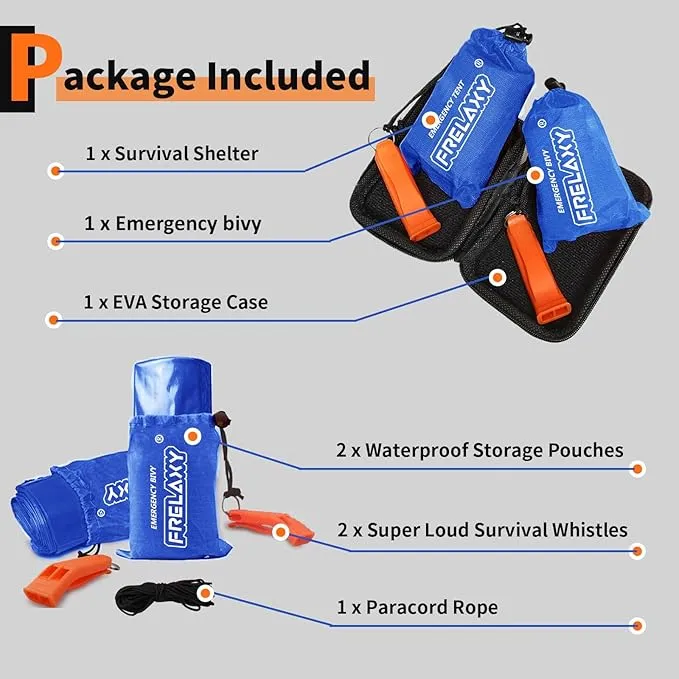 Frelaxy Emergency Tent Emergency Sleeping Bag Set, Survival Shelter & Emergency Bivy with Whistles, Paracord, Storage Pouches, and EVA Case, Perfect for Survival Kits