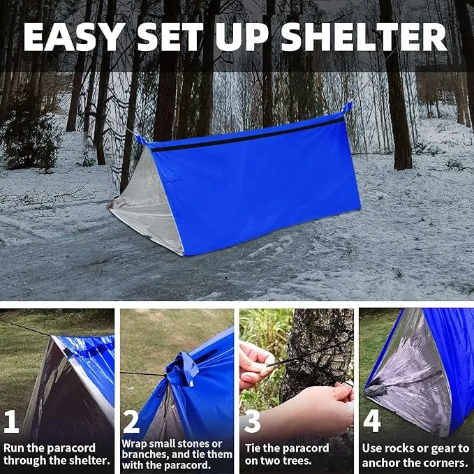 Frelaxy Emergency Tent Emergency Sleeping Bag Set, Survival Shelter & Emergency Bivy with Whistles, Paracord, Storage Pouches, and EVA Case, Perfect for Survival Kits