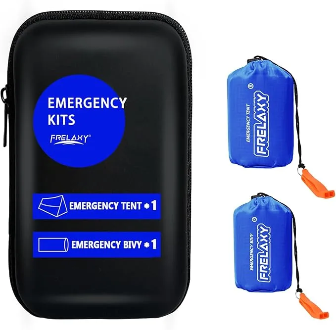 Frelaxy Emergency Tent Emergency Sleeping Bag Set, Survival Shelter & Emergency Bivy with Whistles, Paracord, Storage Pouches, and EVA Case, Perfect for Survival Kits