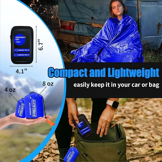 Frelaxy Emergency Tent Emergency Sleeping Bag Set, Survival Shelter & Emergency Bivy with Whistles, Paracord, Storage Pouches, and EVA Case, Perfect for Survival Kits