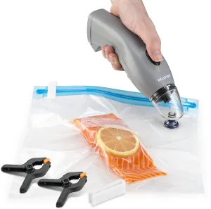 Gourmia GVS9945 Sous Vide Vacuum Sealer and Bag Set – Battery Operated Sealer, 5 Reusable Heavy Duty 3qt Bags, 1 Sealing Clip, 2 Cooking Clips - Keeps Fresh 5 X Longer - Prevents Freezer Burn