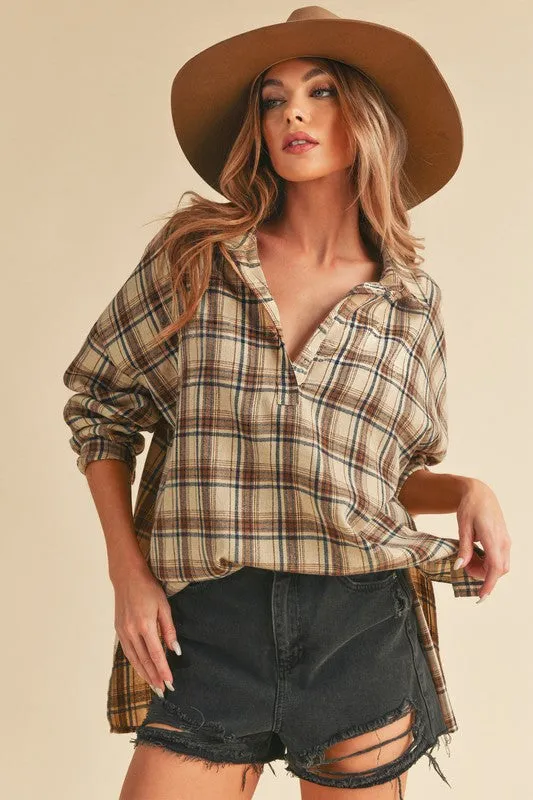 Hazel Blues® |  Aemi   Co Side Slit High-Low Plaid Long Sleeve Polo Shirt