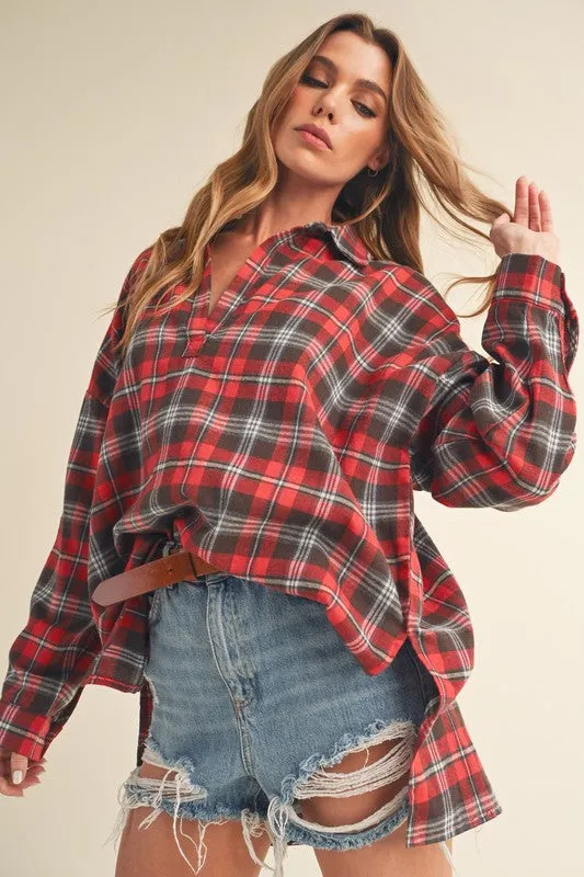 Hazel Blues® |  Aemi   Co Side Slit High-Low Plaid Long Sleeve Polo Shirt