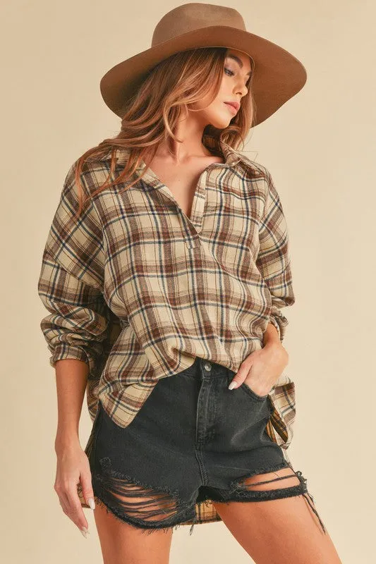 Hazel Blues® |  Aemi   Co Side Slit High-Low Plaid Long Sleeve Polo Shirt