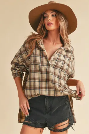 Hazel Blues® |  Aemi   Co Side Slit High-Low Plaid Long Sleeve Polo Shirt