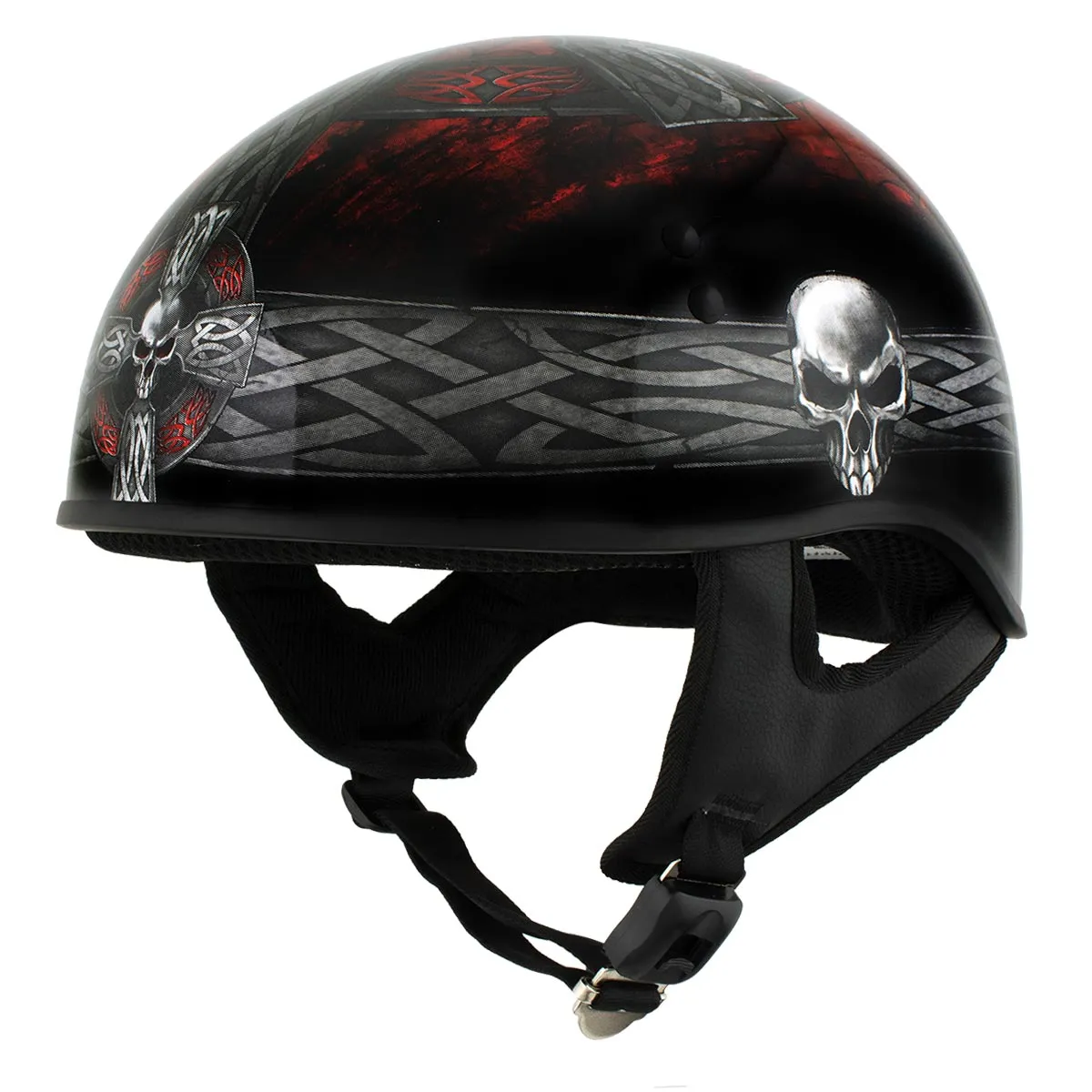 HLD1008 Black 'Celtic Cross' Motorcycle DOT Approved Skull Cap Half Helmet for Men and Women Biker