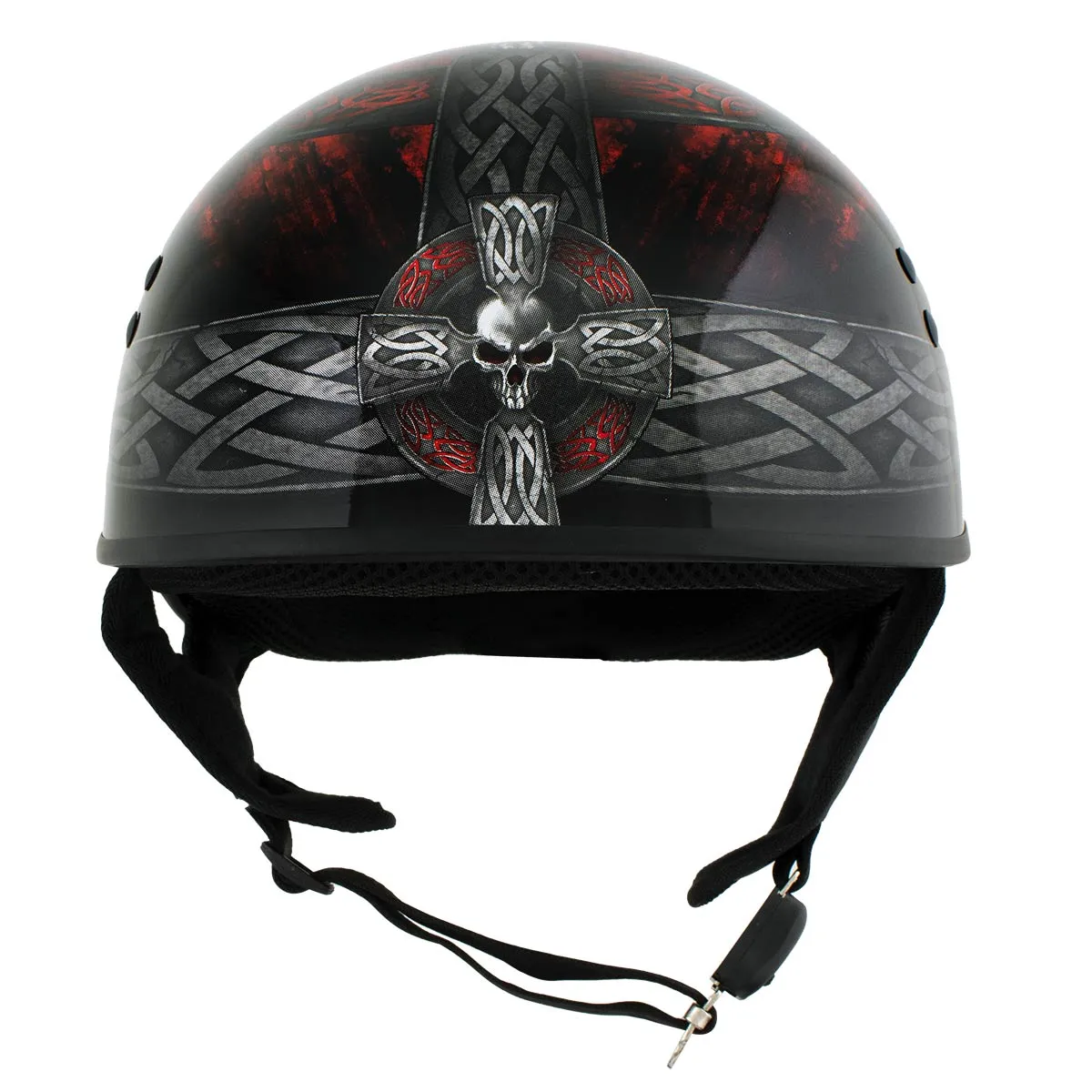 HLD1008 Black 'Celtic Cross' Motorcycle DOT Approved Skull Cap Half Helmet for Men and Women Biker