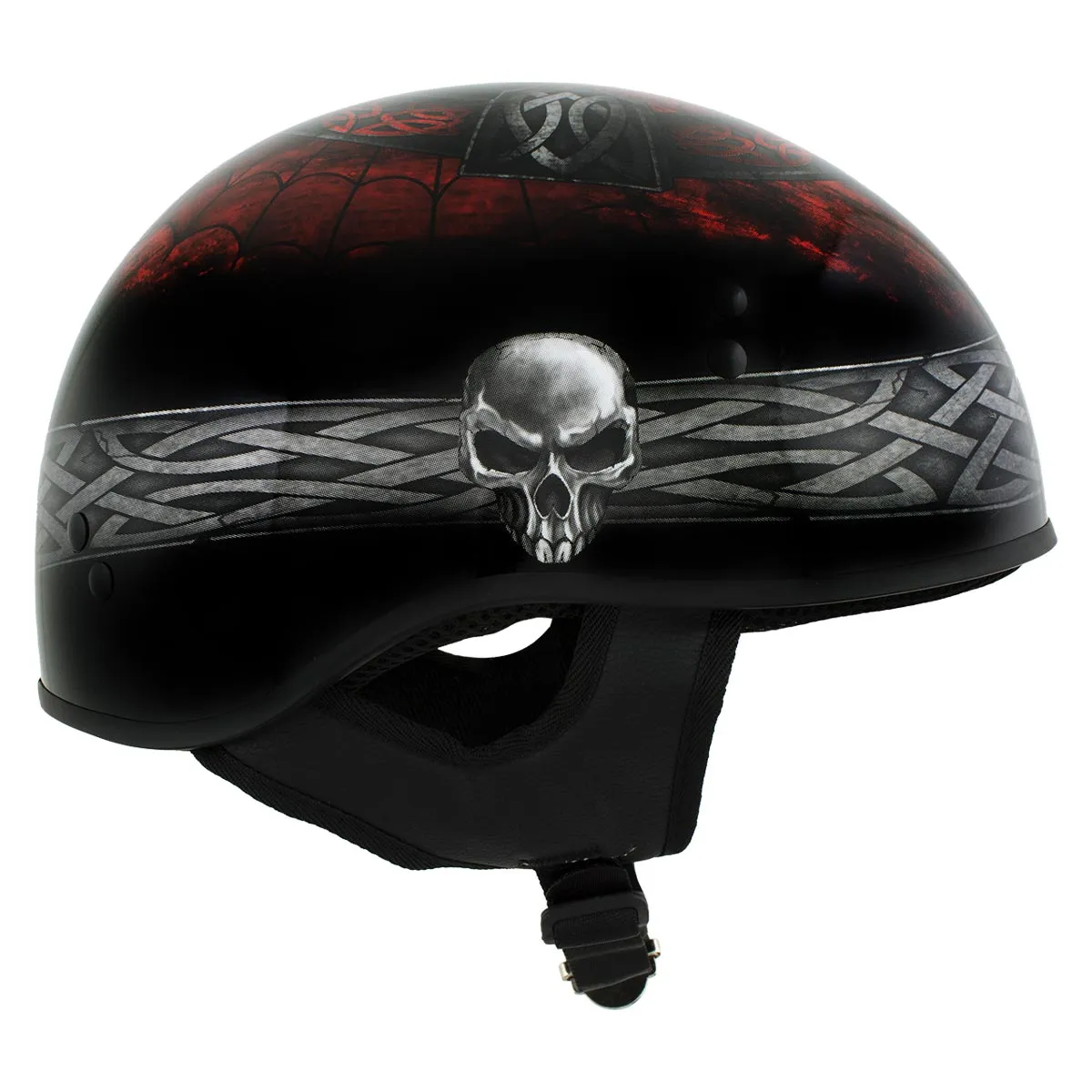 HLD1008 Black 'Celtic Cross' Motorcycle DOT Approved Skull Cap Half Helmet for Men and Women Biker