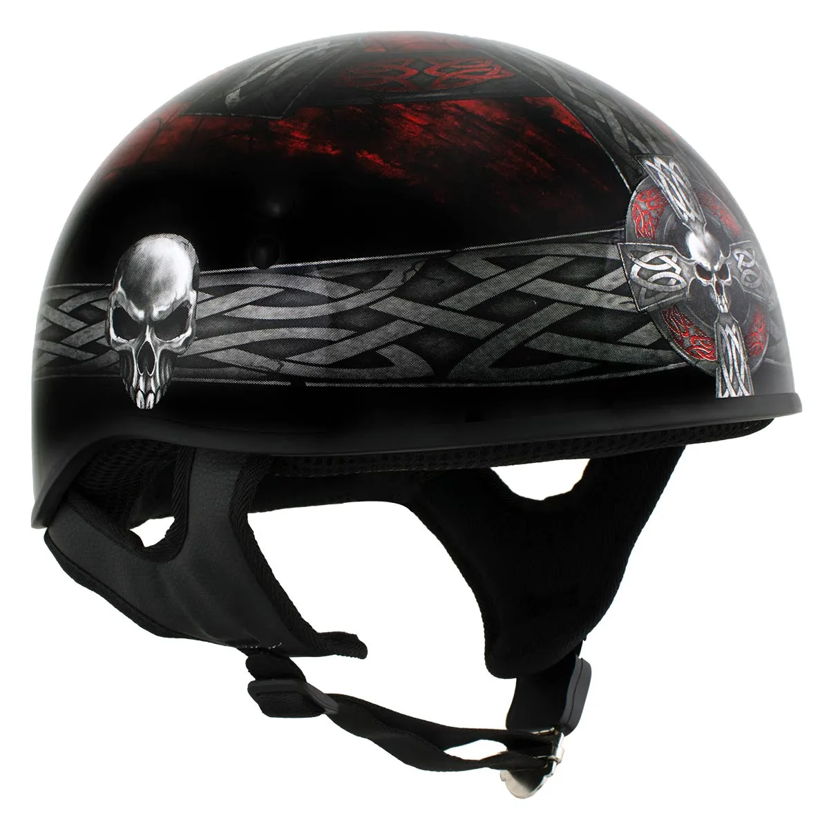 HLD1008 Black 'Celtic Cross' Motorcycle DOT Approved Skull Cap Half Helmet for Men and Women Biker