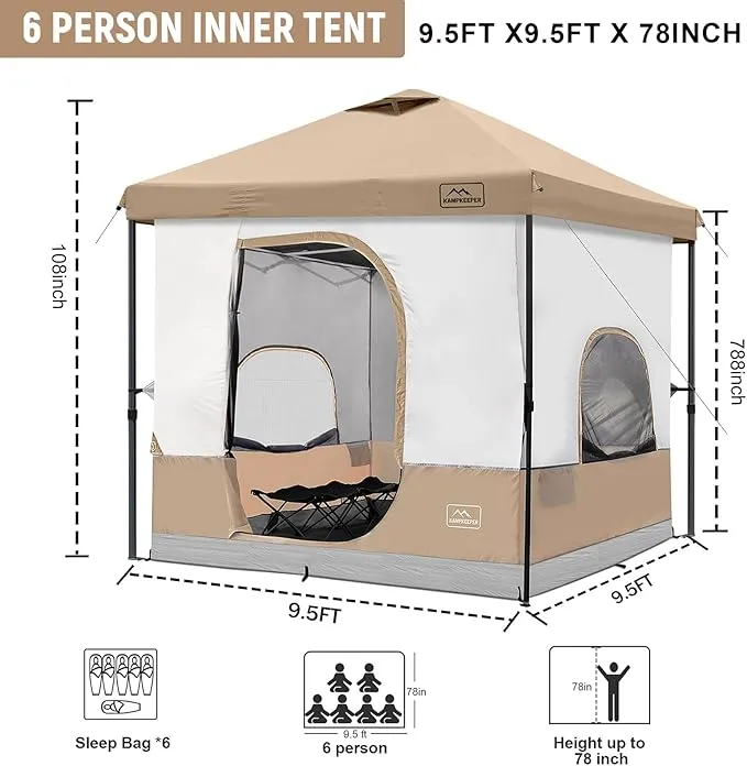 KAMPKEEPER 6 Person Camping Tent, 10x10 Pop Up Canopy Tent with Camping Cube, Converts 10'x10' Straight Leg Canopy into Camping Inner Tent–Fully Vented Roof(Canopy & Frame Included)