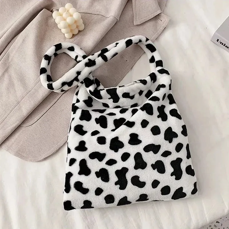 Milk Cow Print Messenger Bag Womens Fashion Big Capacity Single Shoulder Bag Soft Plush Handbag Female Crossbody Tote Bags