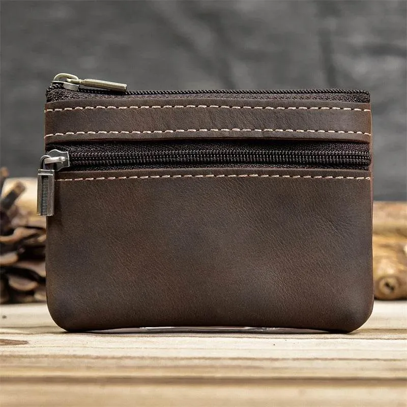 Mini Coin Purse Genuine Leather Real Cowhide Small Wallet with Key Ring