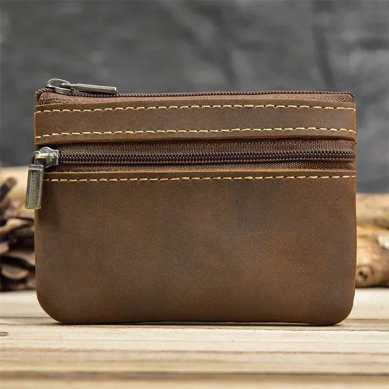 Mini Coin Purse Genuine Leather Real Cowhide Small Wallet with Key Ring