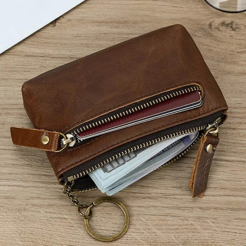 Mini Coin Purse Genuine Leather Real Cowhide Small Wallet with Key Ring