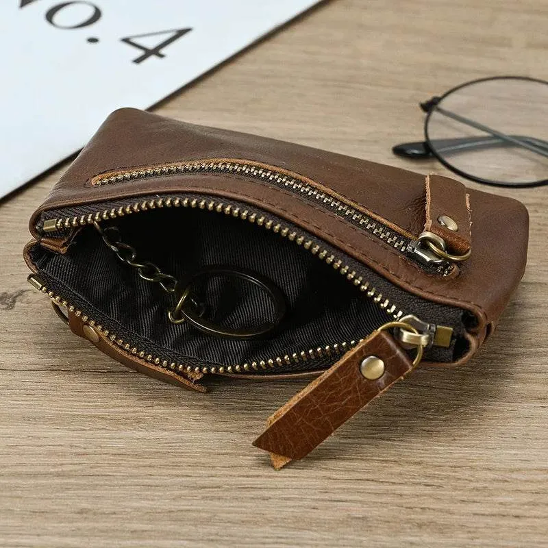 Mini Coin Purse Genuine Leather Real Cowhide Small Wallet with Key Ring