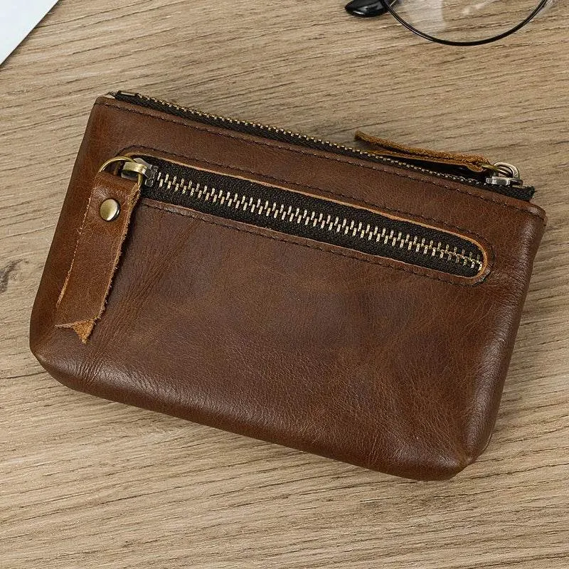 Mini Coin Purse Genuine Leather Real Cowhide Small Wallet with Key Ring