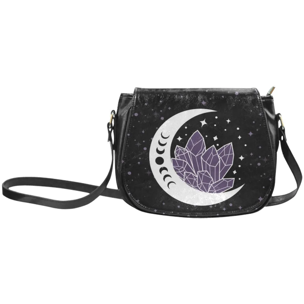 Moon and Amethyst Crystals Witchy Saddlebag Crossbody Purse