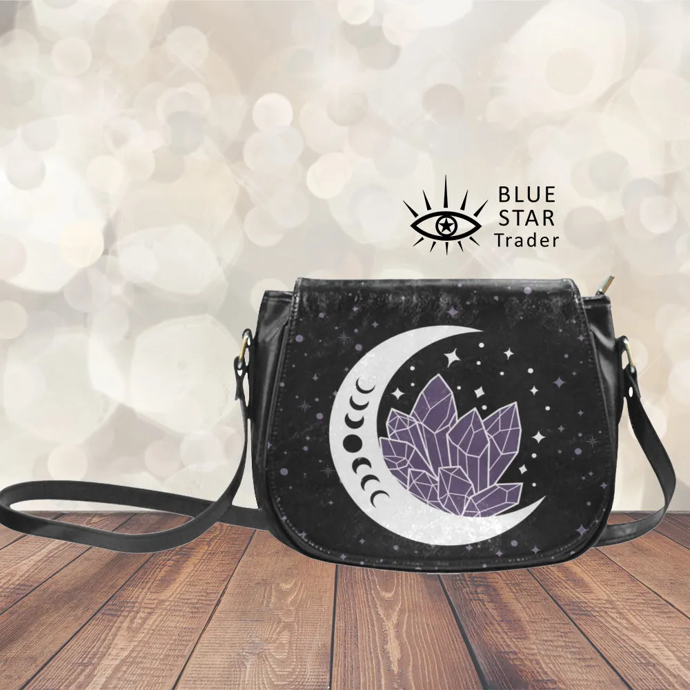 Moon and Amethyst Crystals Witchy Saddlebag Crossbody Purse