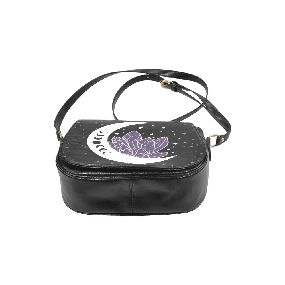 Moon and Amethyst Crystals Witchy Saddlebag Crossbody Purse
