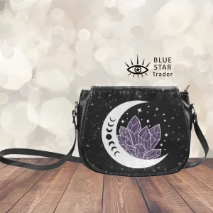 Moon and Amethyst Crystals Witchy Saddlebag Crossbody Purse