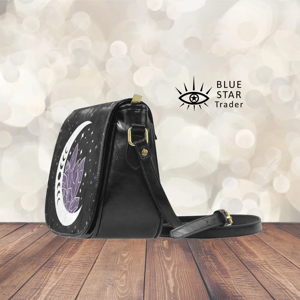Moon and Amethyst Crystals Witchy Saddlebag Crossbody Purse