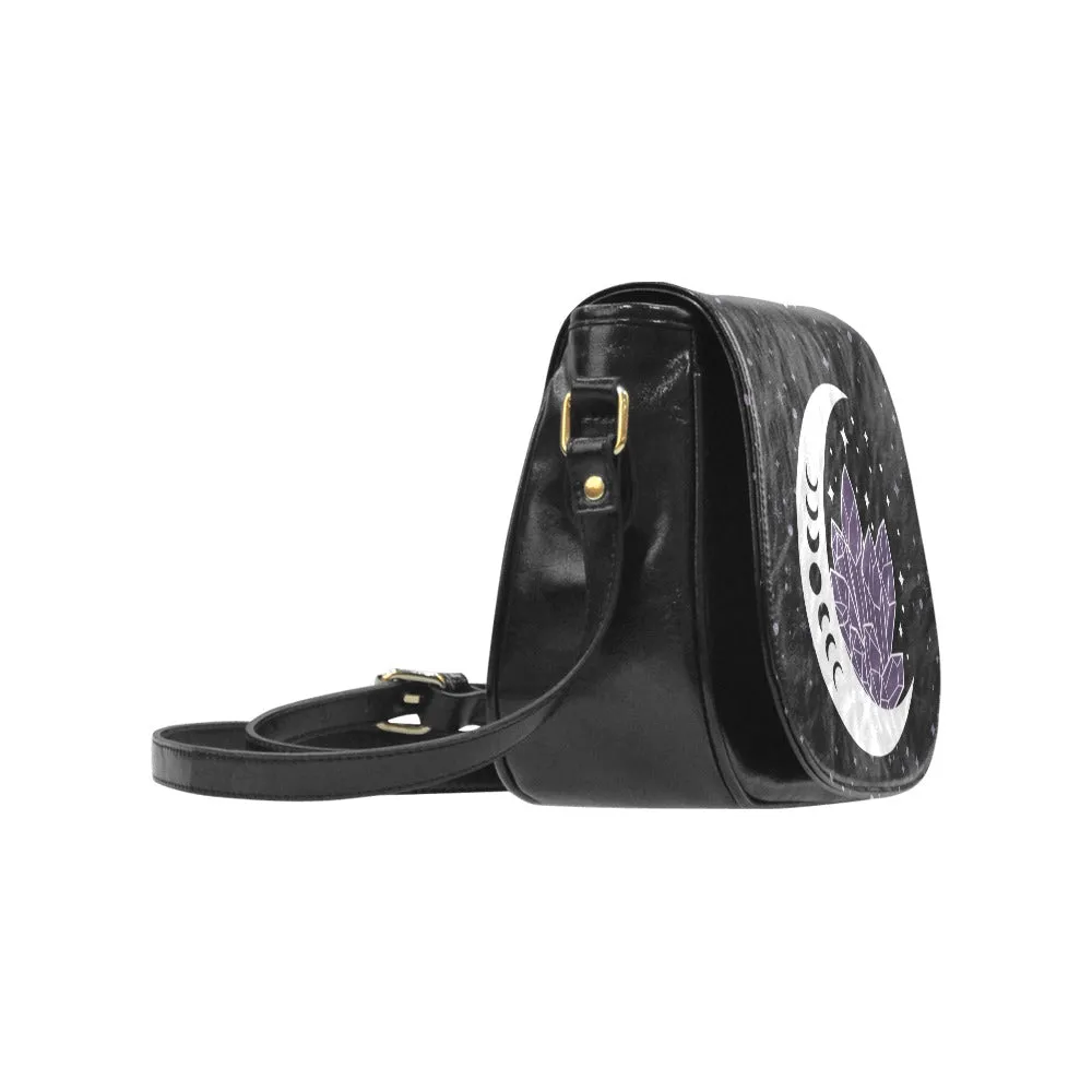 Moon and Amethyst Crystals Witchy Saddlebag Crossbody Purse