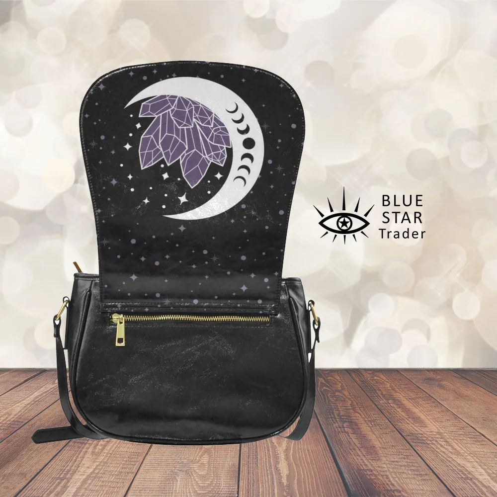 Moon and Amethyst Crystals Witchy Saddlebag Crossbody Purse