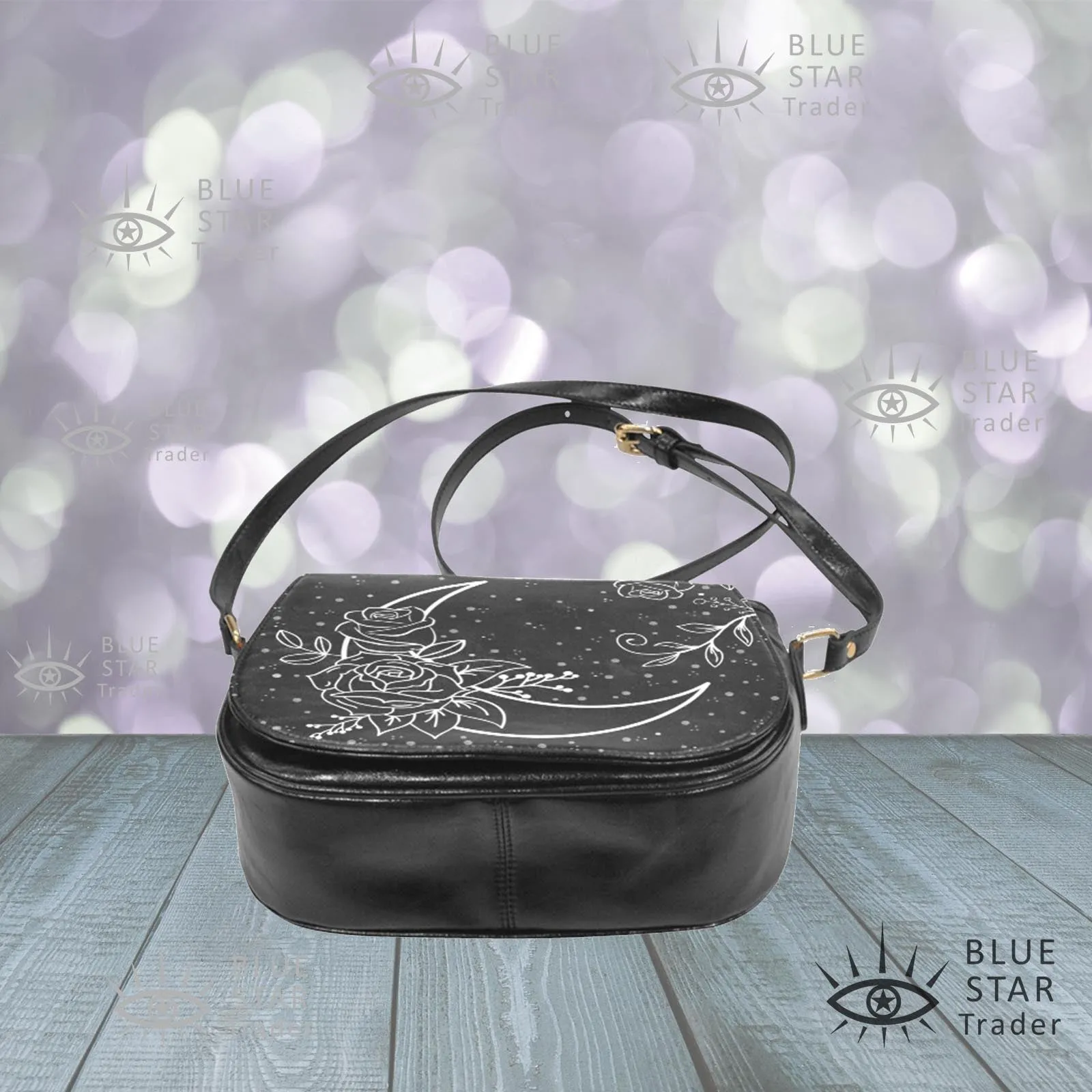 Moon Flowers Vegan Saddle Bag Purse Black and White