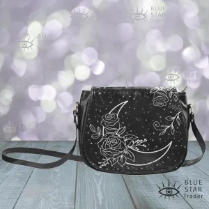 Moon Flowers Vegan Saddle Bag Purse Black and White